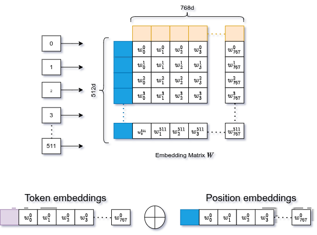 Positional embedding added to token embedding → LayerNorm + Dropout → final input to encoder